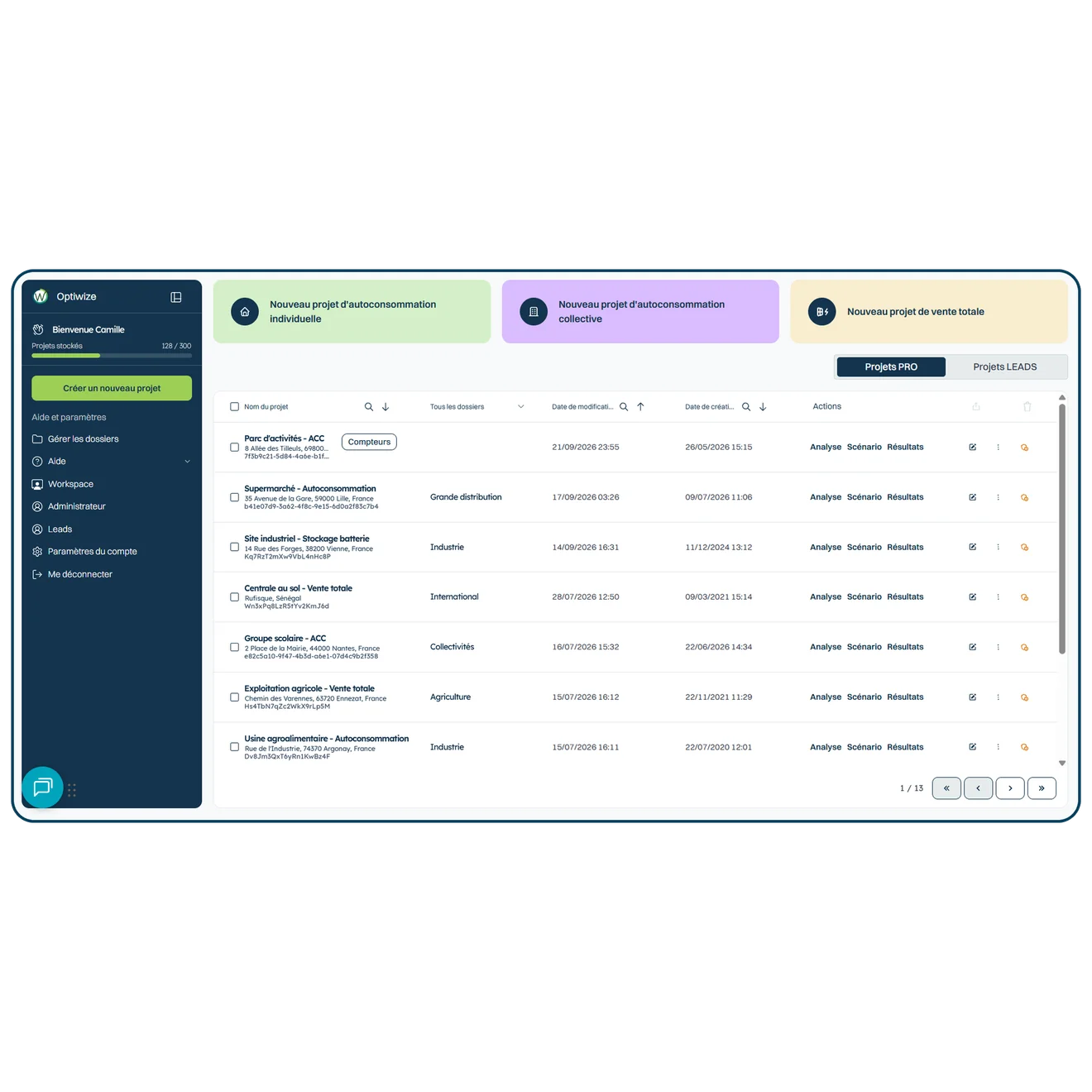 Tableau de bord des projets Optiwize