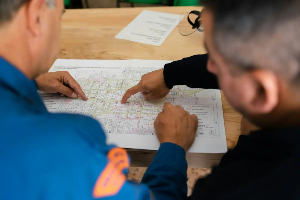 Ingénieurs de bureau d’études analysant des plans